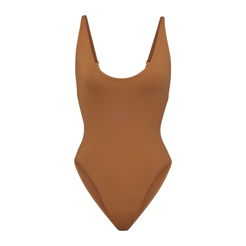 Skims Scoop Neck One Piece Swim in Almond